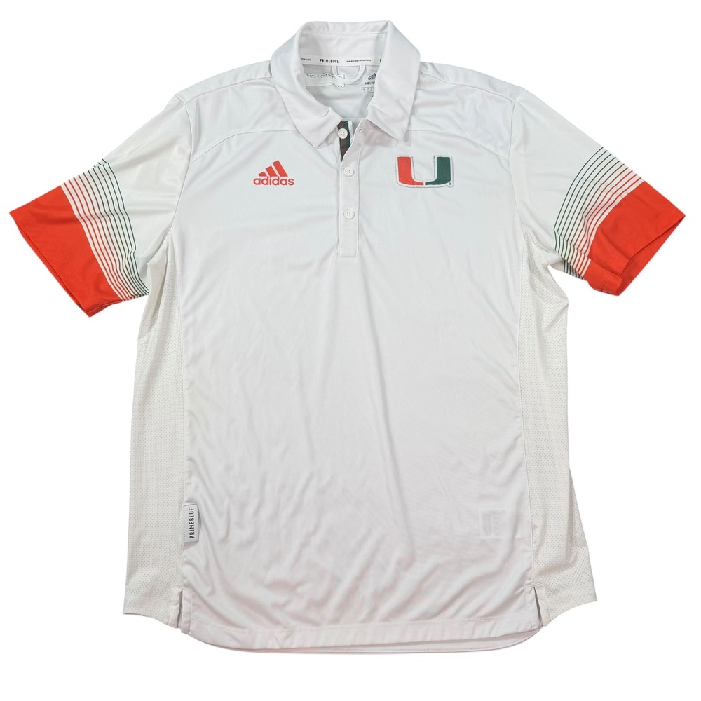 Adidas Mens Miami Hurricanes Primeblue White Short Sleeve Polo Shirt Size L